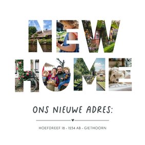 Verhuisbericht kaart met foto's in de letters NEW HOME