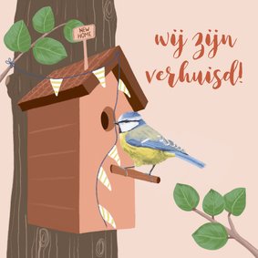 Verhuisbericht vogelhuisje met pimpelmeesje