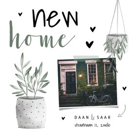 Verhuiskaart foto new home met hartjes en planten