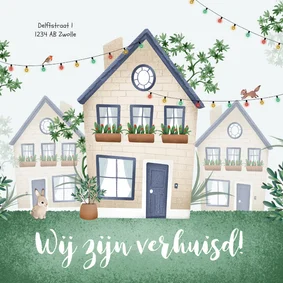 Verhuiskaart huis illustratie feest dieren planten
