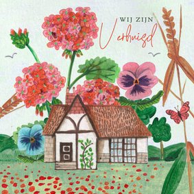 Verhuiskaart huis in landschap met bloemen