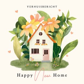 Verhuiskaart huis met grote bloemen planten en hartjes