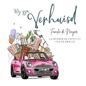 Verhuiskaart illustratie auto inboedel plant fiets ballonnen