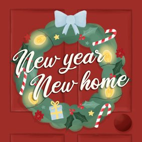 Verhuiskaart kerst deur met kerstkrans new year new home