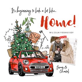 Verhuiskaart kerst illustratie auto kerstboom inboedel foto