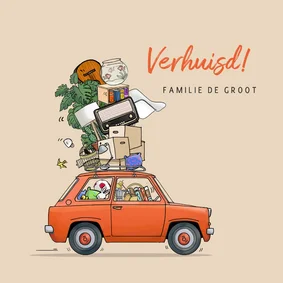 Verhuiskaart kleine auto rood met verhuisspullen