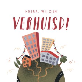 Verhuiskaart met huizen en flats en slingers