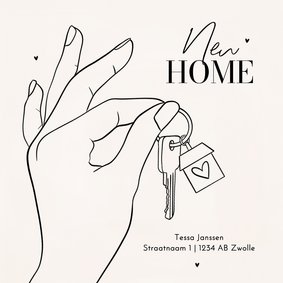 Verhuiskaart met lijntekening hand en sleutels new home