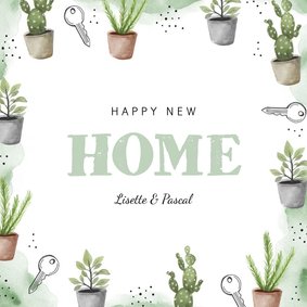 Verhuiskaart new home plantjes waterverf sleutel