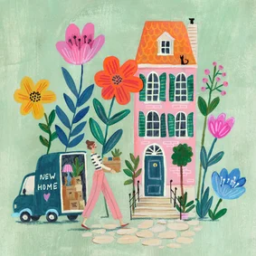 Verhuiskaart nieuw huis grote bloemen verhuiswagen 