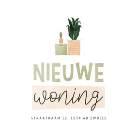 Verhuiskaart nieuwe woning met verhuisdoos en plantjes