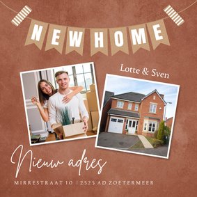 Verhuiskaart roestbruin foto slinger "new home"