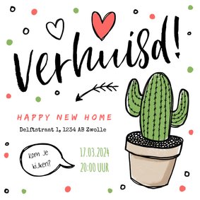 Verhuiskaart verhuisd tekening cactus hartjes confetti