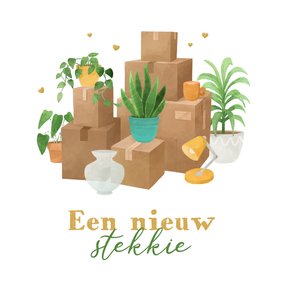 Verhuiskaart verhuisdozen planten nieuw stekkie hartjes