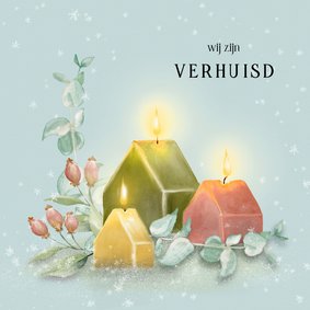 Verhuiskaart winters met huisjeskaarsen