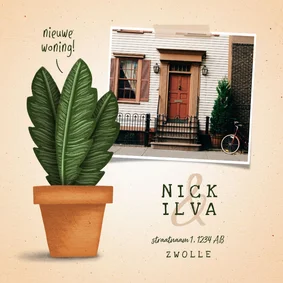 Verhuiskaartje 'nieuwe woning' met plant in pot