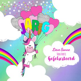 Verjaardag hippe vrolijke felicitatie unicorn met  ballonnen