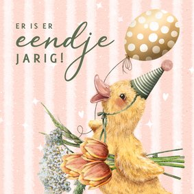 Verjaardagkaart eendje met bloemen en ballon