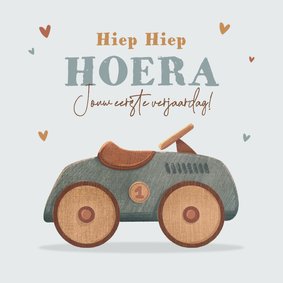 Verjaardagskaart 1 jaar loopauto auto vintage speelgoed
