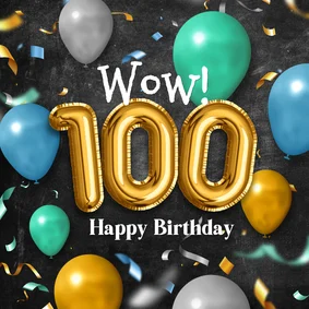 Verjaardagskaart 100 ballonnen confetti goud folieballonnen