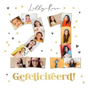 Verjaardagskaart 21 jaar fotocollage confetti hartjes