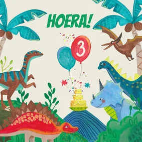 Verjaardagskaart 3 jaar dinosaurus en taart en ballonnen