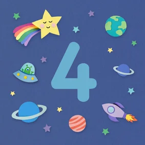 Verjaardagskaart 4 jaar planeten en vallende ster
