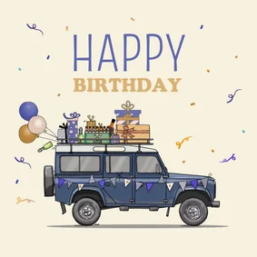 Verjaardagskaart 4x4 terreinwagen met vlaggetjes