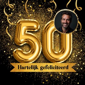 Verjaardagskaart 50 jaar goud ballonnen confetti stijlvol