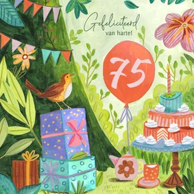 Verjaardagskaart 75 jaar feest illustratie taart in bos