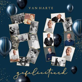 Verjaardagskaart 80 jaar ballonnen confetti fotocollage