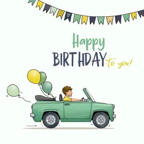 Verjaardagskaart auto groen met ballonnen