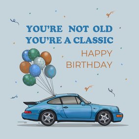 Verjaardagskaart auto Porsch blauw met ballonnen