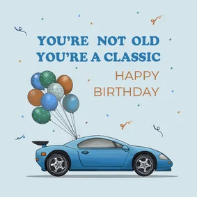 Verjaardagskaart auto sportauto blauw met ballonnen
