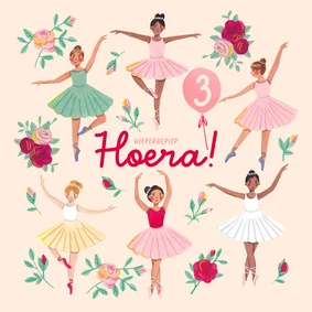 Verjaardagskaart ballerina meisje 3 jaar bloemen feest