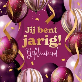 Verjaardagskaart ballonnen slingers confetti roze rood goud