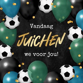 Verjaardagskaart ballonnen voetbal confetti juichen jarig