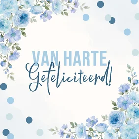 Verjaardagskaart blauwe bloemen en confetti