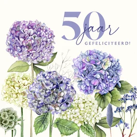 Verjaardagskaart blauwe en witte hortensia's