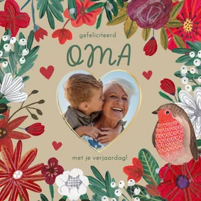 Verjaardagskaart bloemen en vogel en hartjes met foto hart