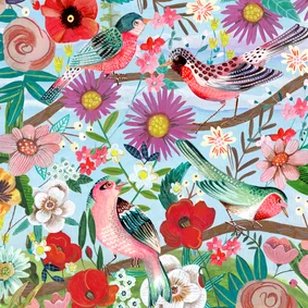 Verjaardagskaart bloemen en vogels kleurrijk