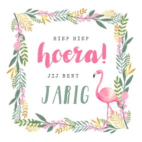 Verjaardagskaart bloemen flamingo zomer