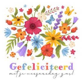 Verjaardagskaart bloemen kleurrijk hartjes gefeliciteerd