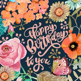 Verjaardagskaart bloemen vlinder happy birthday illustratie