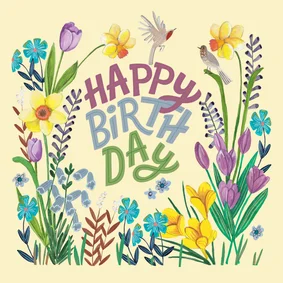 Verjaardagskaart bloemen vogels happy birthday