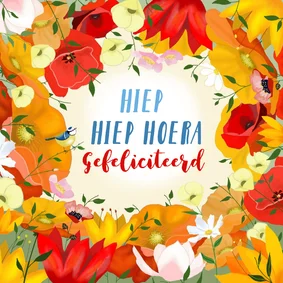 Verjaardagskaart bloemenrand met vogeltje