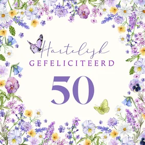 Verjaardagskaart bloemenrand vlinders