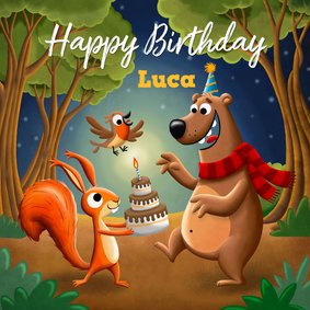 Verjaardagskaart bosdieren vieren feest met lekkere taart!