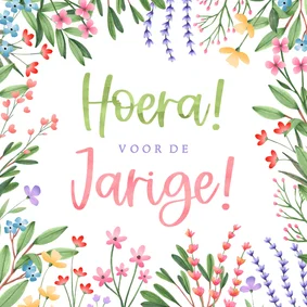 Verjaardagskaart botanisch kleurrijk hoera voor de jarige