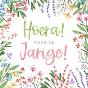 Verjaardagskaart botanisch kleurrijk hoera voor de jarige